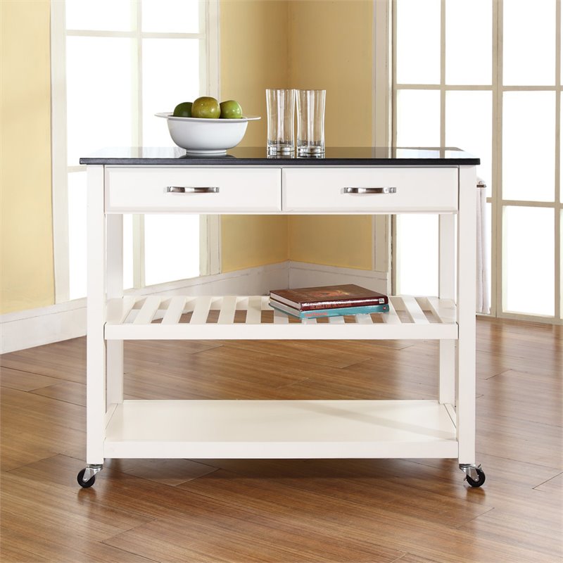 Pemberly Row 2 Drawer Black Granite Top Kitchen Cart in White