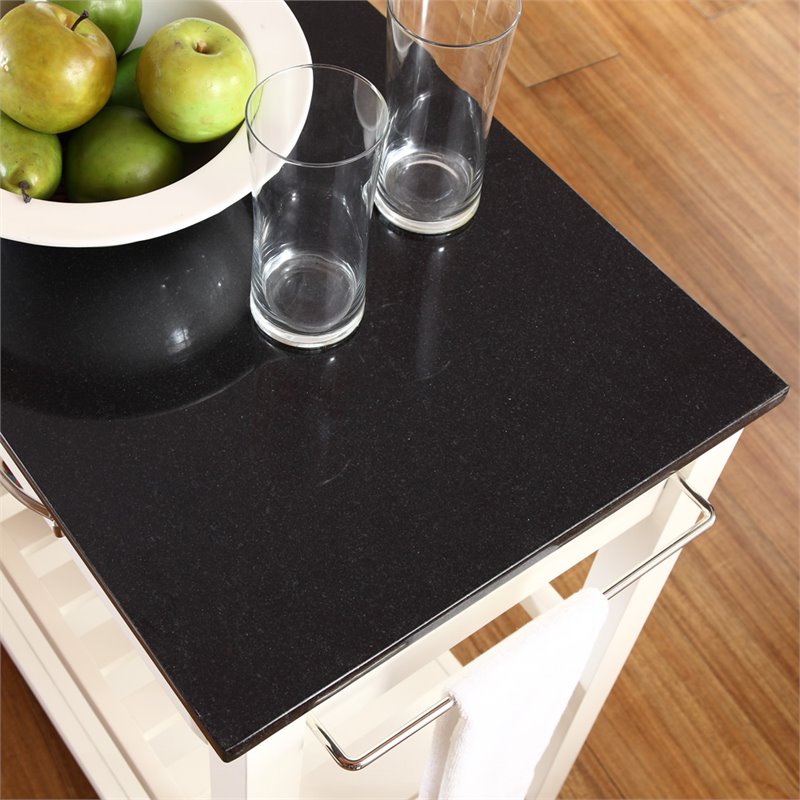 Pemberly Row 2 Drawer Black Granite Top Kitchen Cart in White