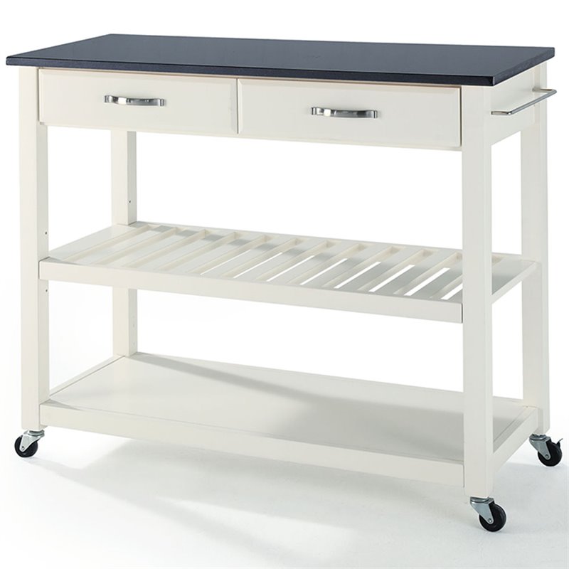 Pemberly Row 2 Drawer Black Granite Top Kitchen Cart in White