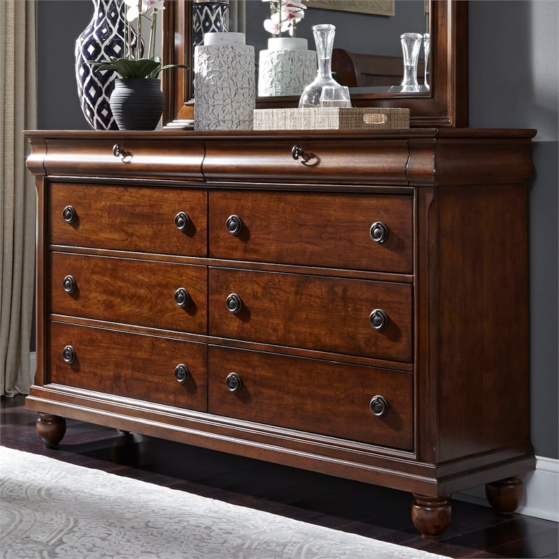 Pemberly Row Modern / Contemporary Wood Cherry Dresser & Mirror