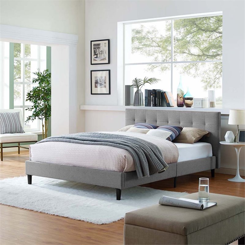 Pemberly Row Full Modern Polyester Fabric and Wood Bed in Light Gray
