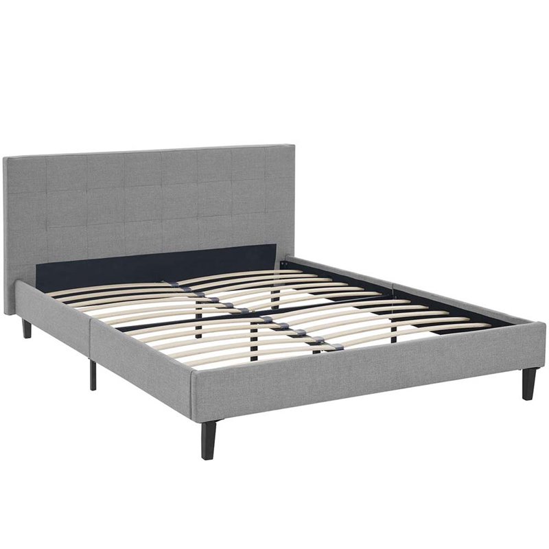 Pemberly Row Full Modern Polyester Fabric and Wood Bed in Light Gray