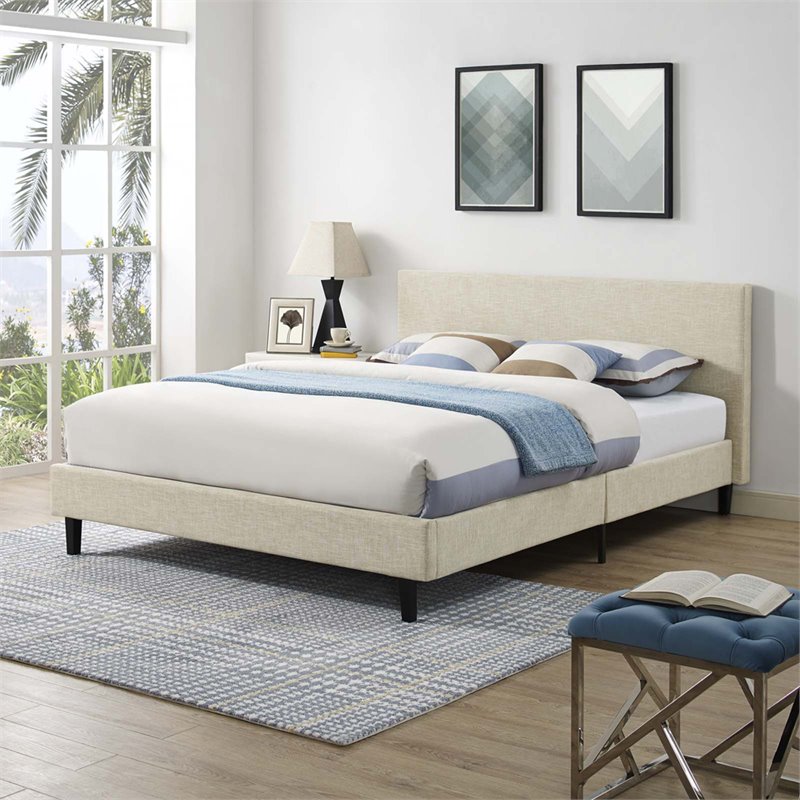 Pemberly Row Queen Modern Polyester Fabric Bed in Beige Finish