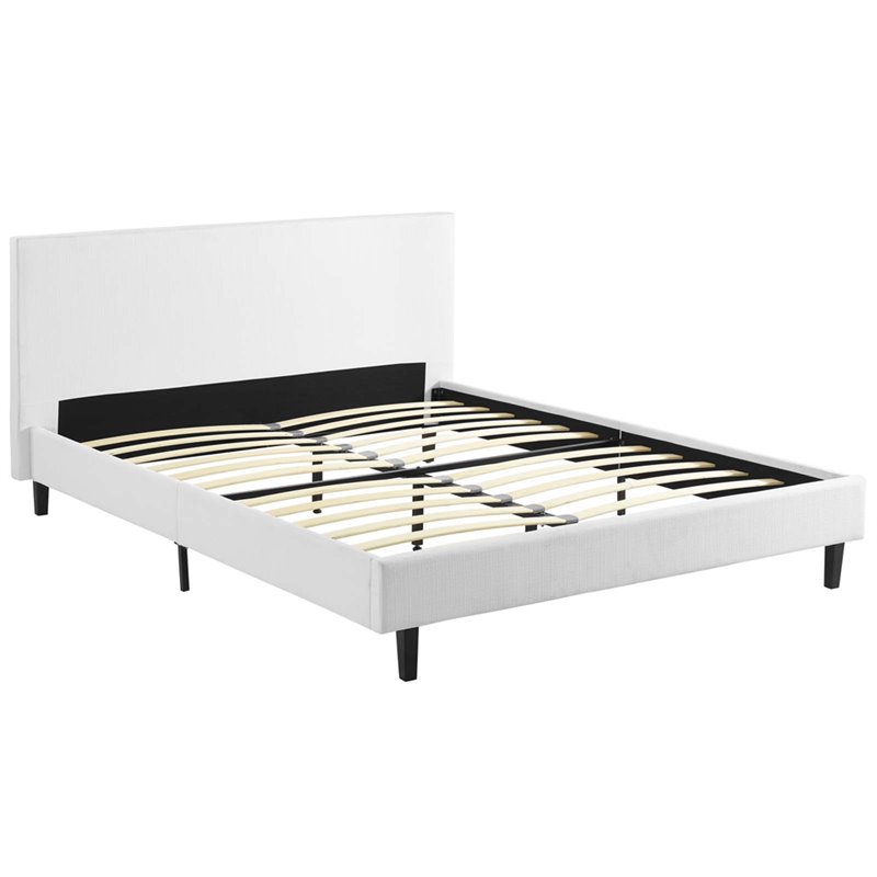 Pemberly Row Queen Modern Polyester Fabric Bed in White Finish