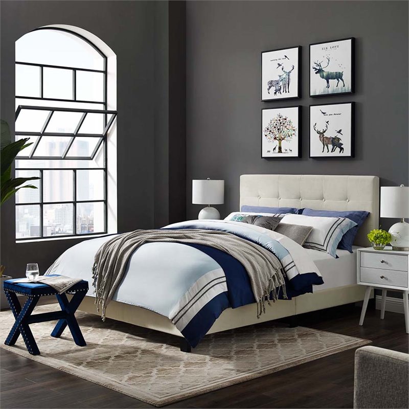 Pemberly Row King Contemporary Performance Velvet Bed in Ivory
