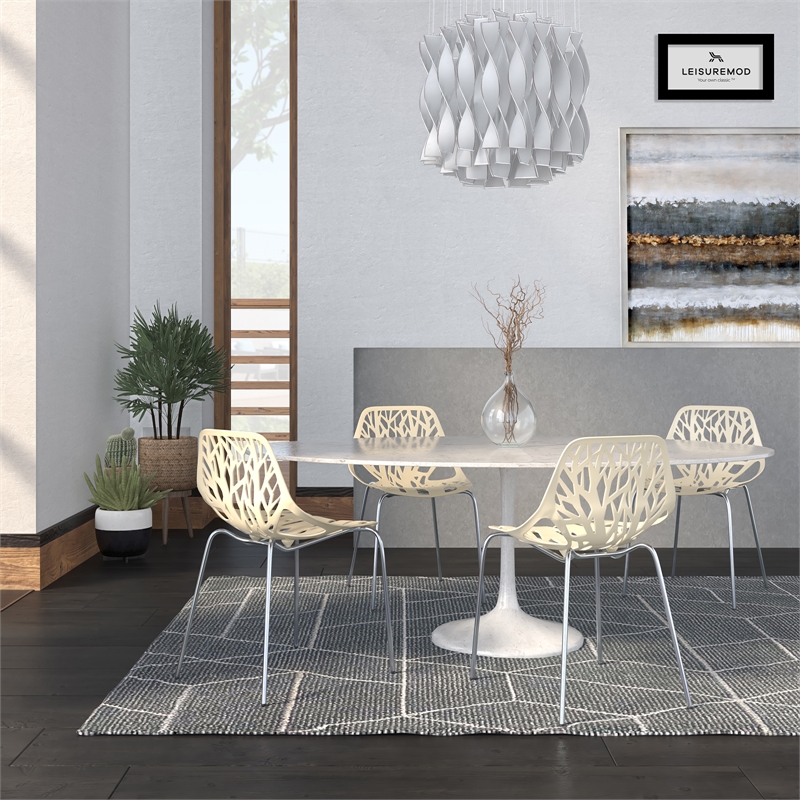 Pemberly Row Modern Dining Side Chair With Chromed Legs in Cream Set of 4