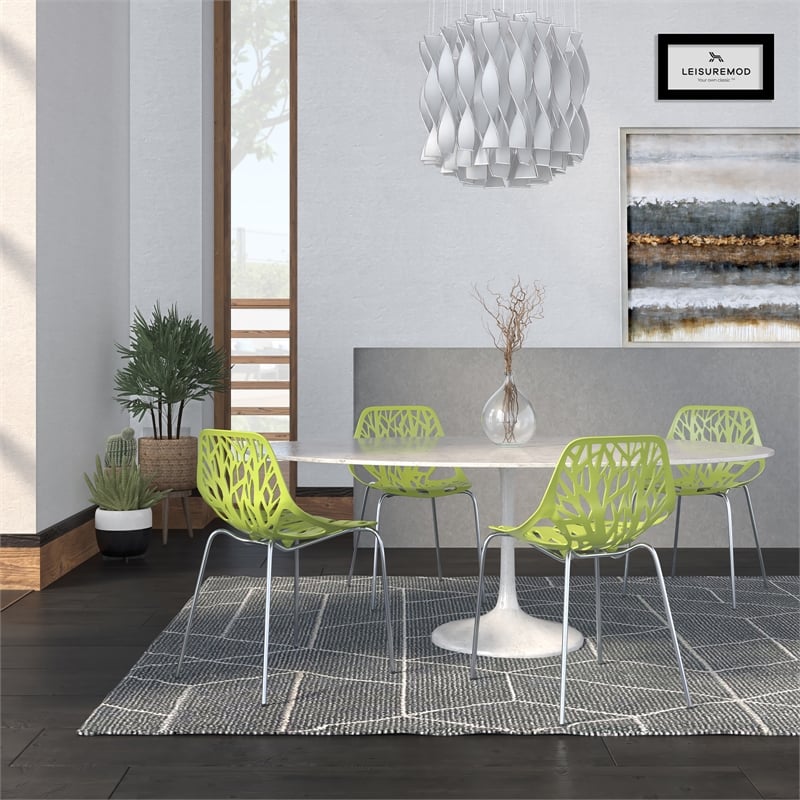 Pemberly Row Modern Dining Side Chair With Chromed Legs in Green Set of 4