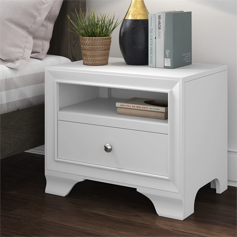 Pemberly Row Contemporary 1 Drawer Nightstand with USB White
