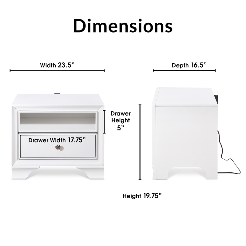 Pemberly Row Contemporary 1 Drawer Nightstand with USB White