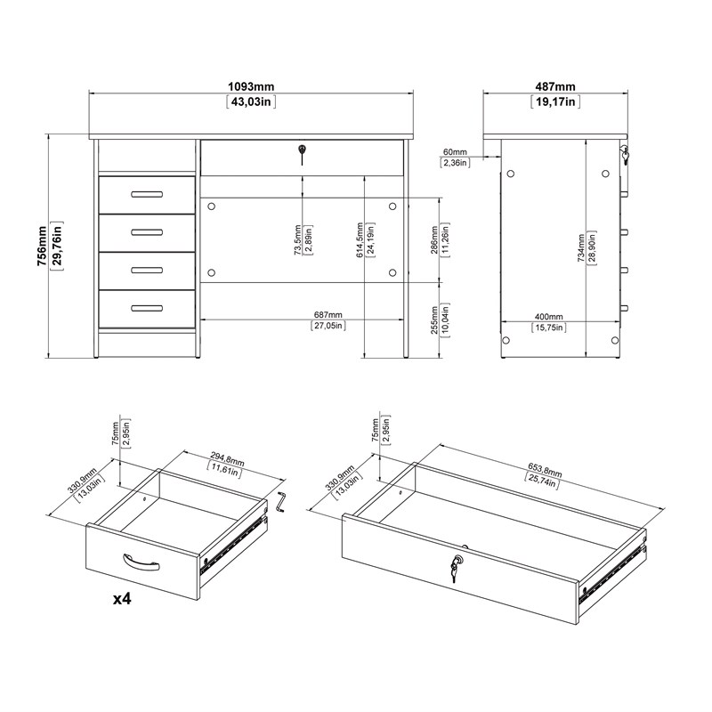 Pemberly Row Contemporary Desk with 5 Drawers in Black Woodgrain