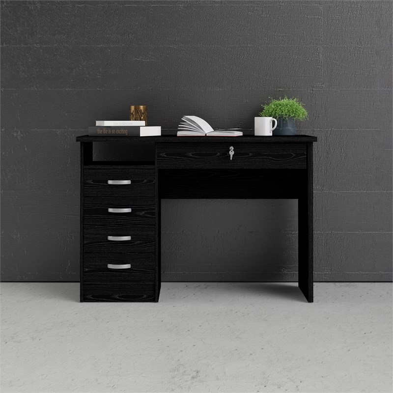 Pemberly Row Contemporary Desk with 5 Drawers in Black Woodgrain