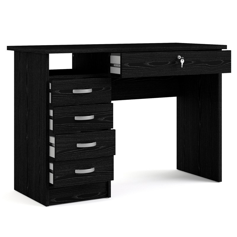 Pemberly Row Contemporary Desk with 5 Drawers in Black Woodgrain