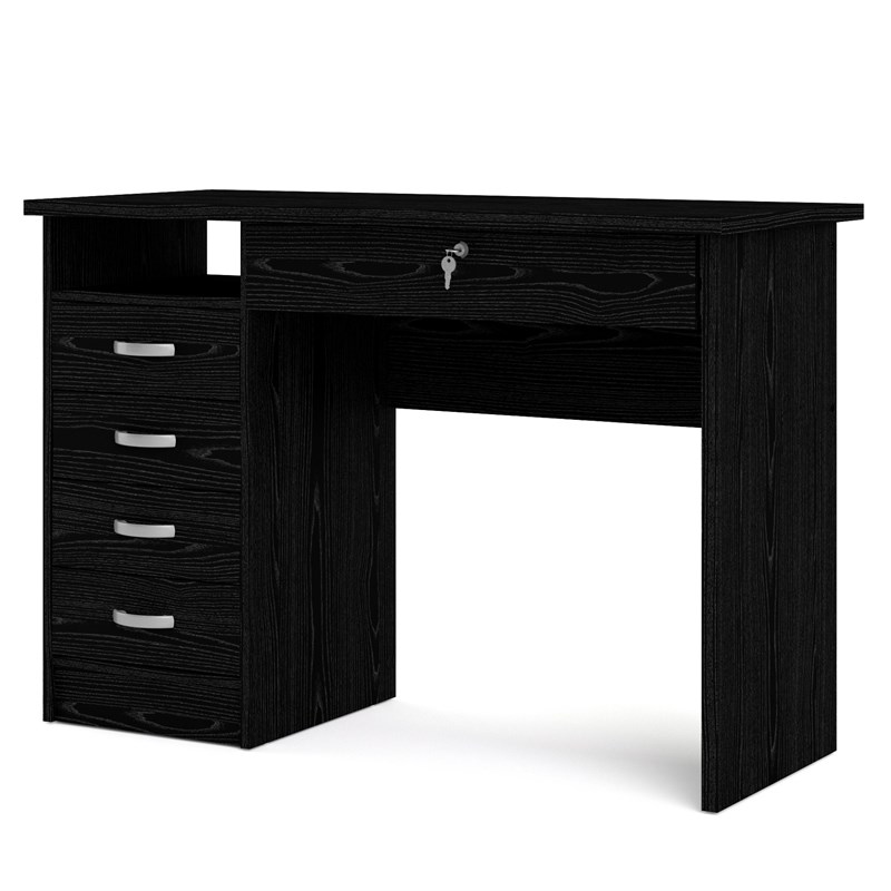 Pemberly Row Contemporary Desk with 5 Drawers in Black Woodgrain