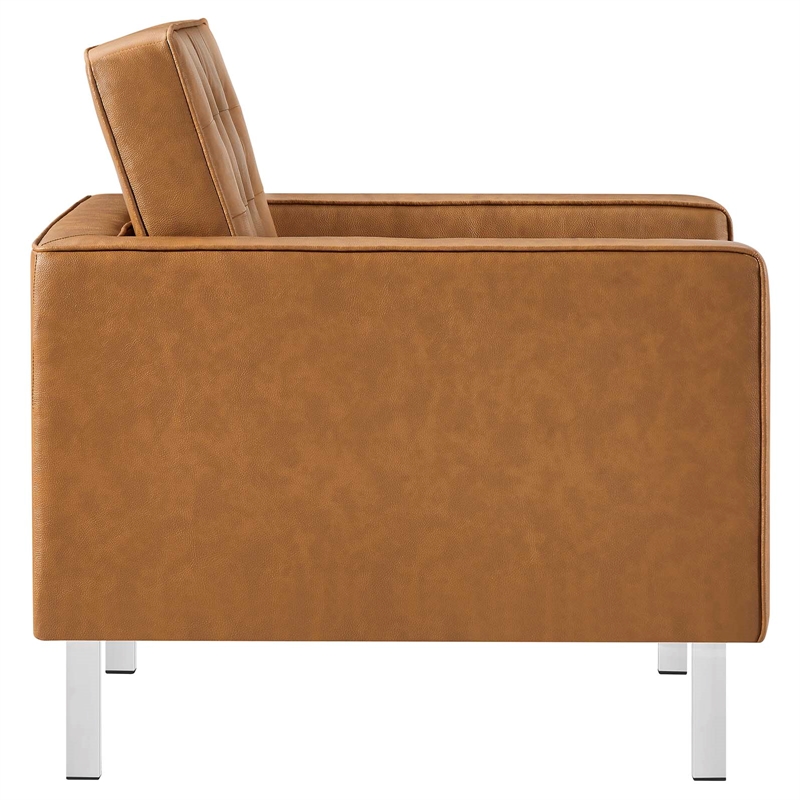 Pemberly Row Tufted Vegan Leather Stainless Steel Armchair in Silver/Tan