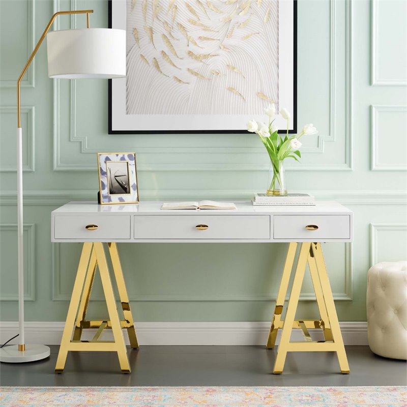 Pemberly Row Modern Stainless Steel Office Writing Desk in Gold/White