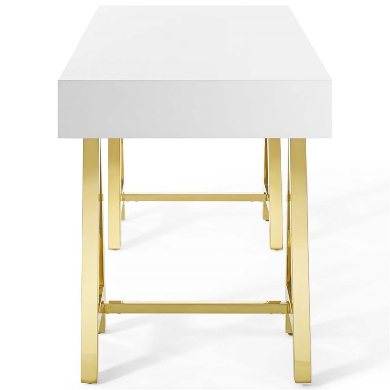 Pemberly Row Modern Stainless Steel Office Writing Desk in Gold/White