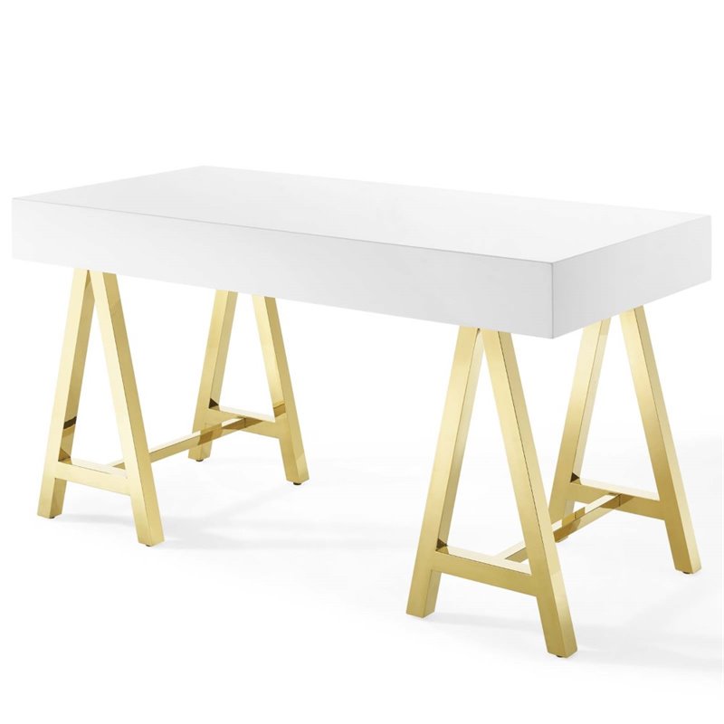 Pemberly Row Modern Stainless Steel Office Writing Desk in Gold/White
