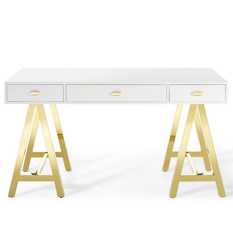 Pemberly Row Modern Stainless Steel Office Writing Desk in Gold/White