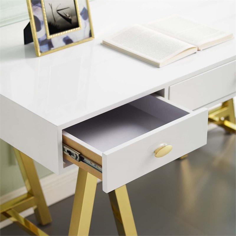 Pemberly Row Modern Stainless Steel Office Writing Desk in Gold/White