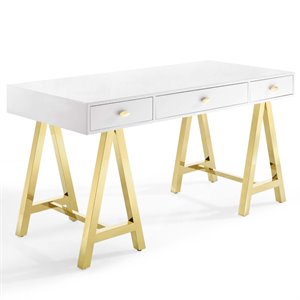Pemberly Row Modern Stainless Steel Office Writing Desk in Gold/White
