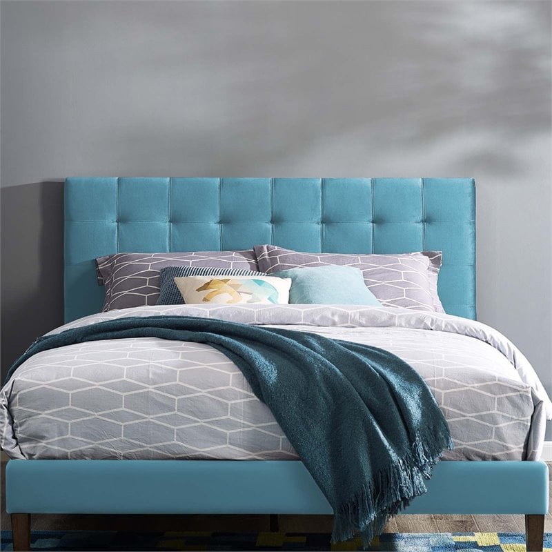 Pemberly Row Tufted Full/Queen Performance Velvet Headboard in Sea Blue