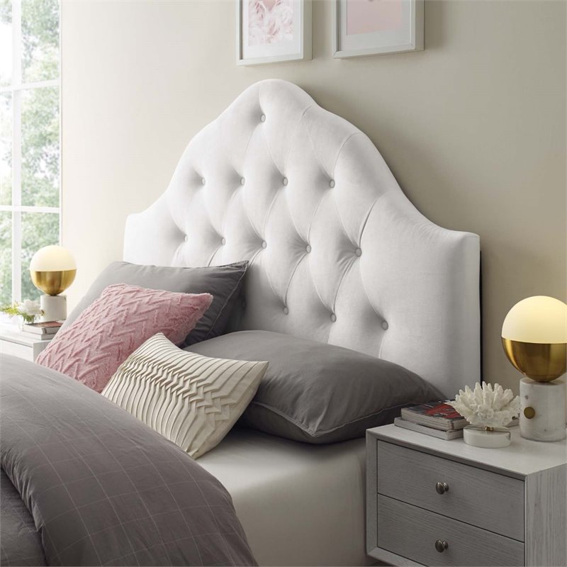 Pemberly Row Queen Diamond Tufted Performance Velvet Headboard in White