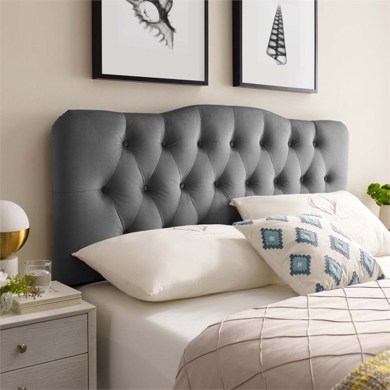 Pemberly Row King Diamond Tufted Performance Velvet Headboard in Gray