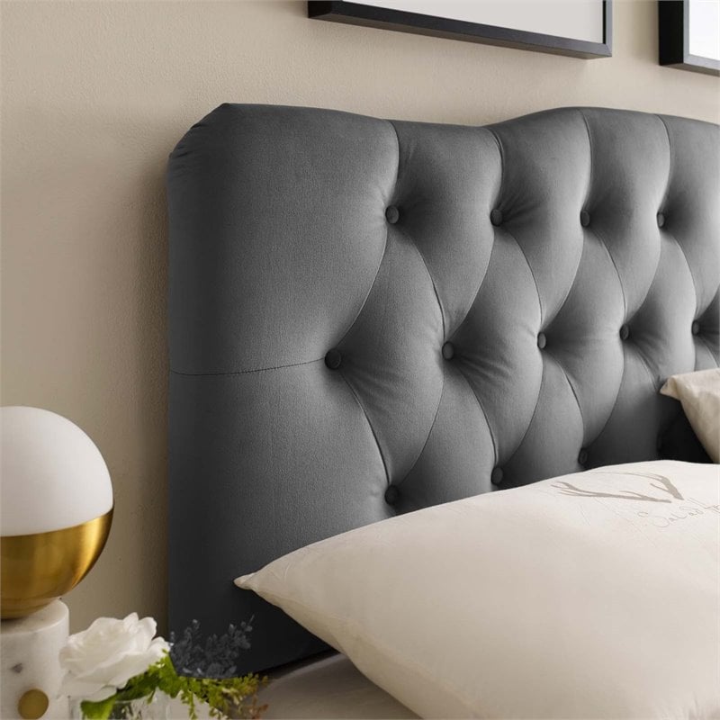 Pemberly Row King Diamond Tufted Performance Velvet Headboard in Gray
