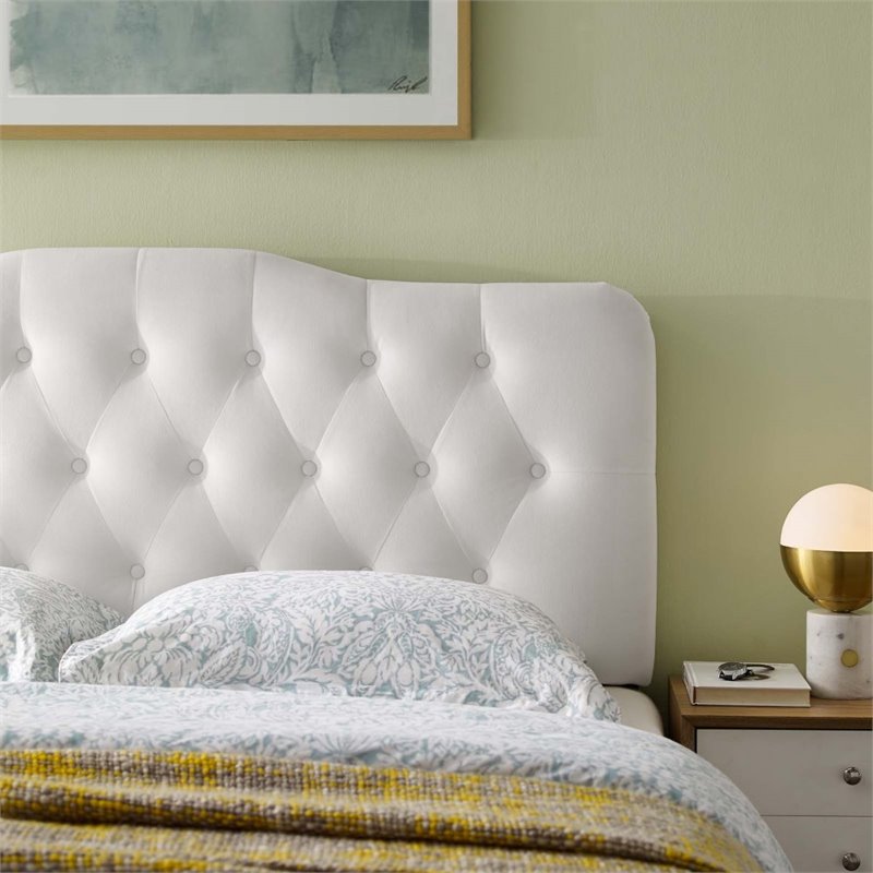 Pemberly Row Queen Diamond Tufted Performance Velvet Headboard in White
