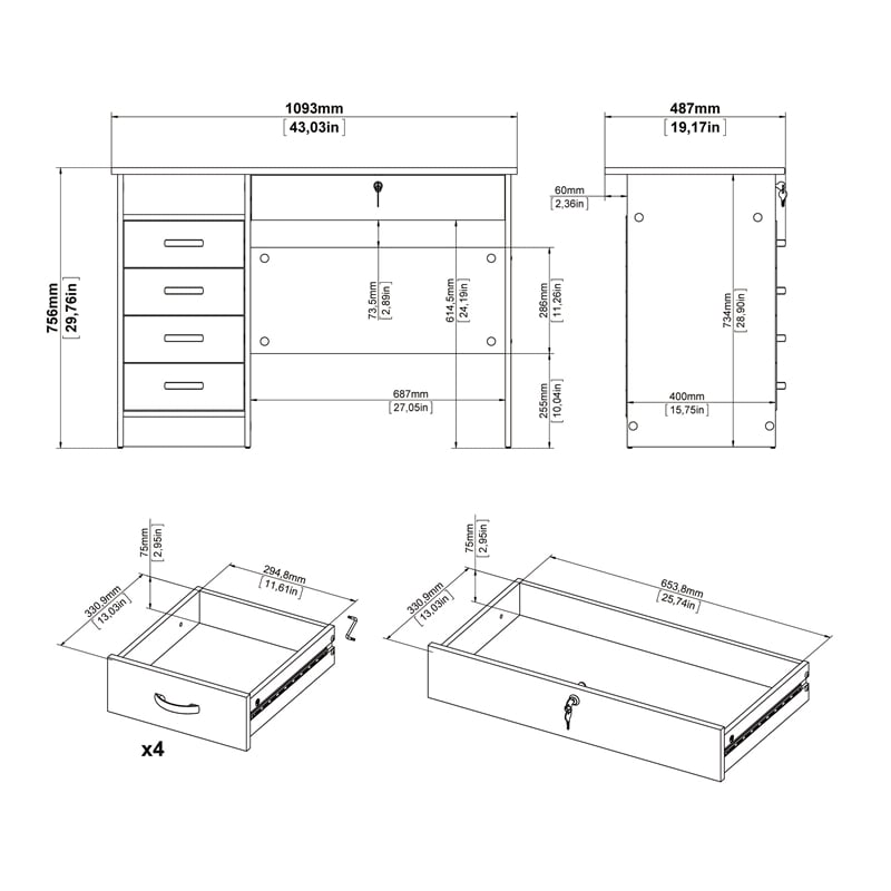 Pemberly Row Contemporary Desk with 5 Drawers in Oak Structure