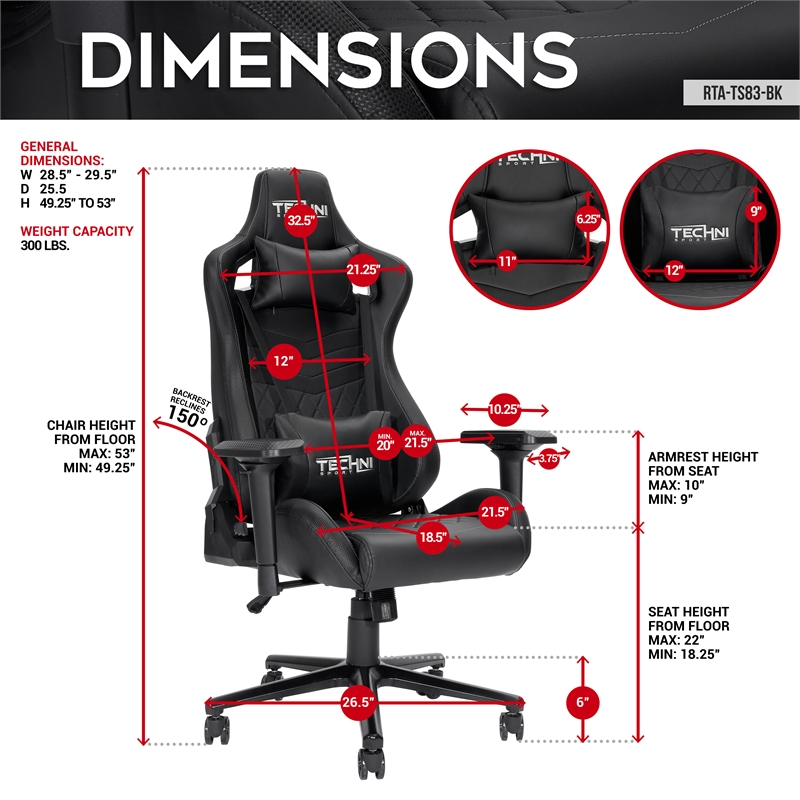 Pemberly Row Sport Ergonomic High-Back Fabric Racer Style PC Gaming Chair- Black