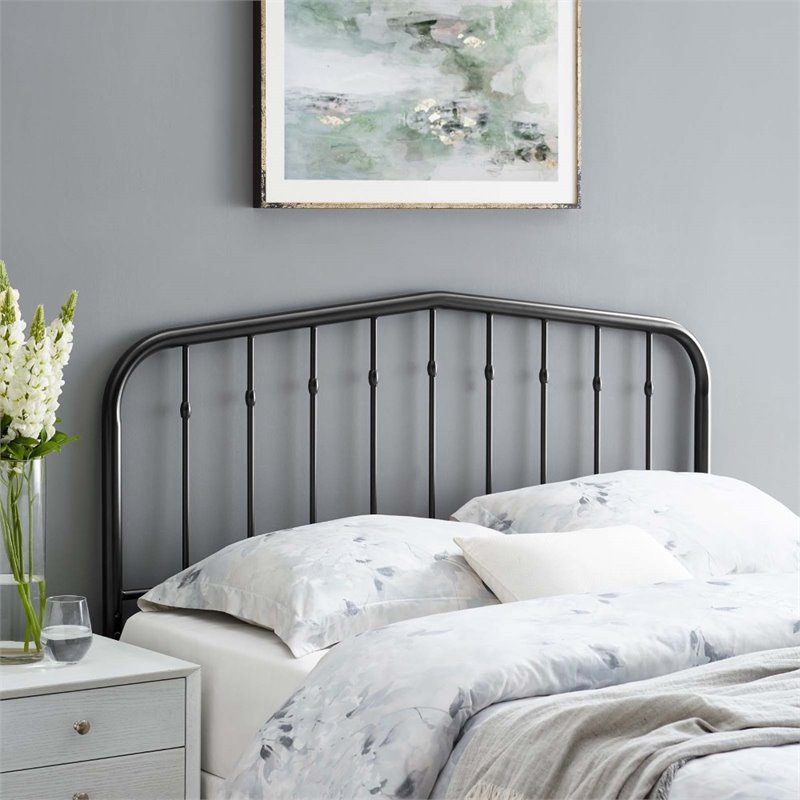 Pemberly Row Queen Modern Powder Coated Iron Headboard in Black