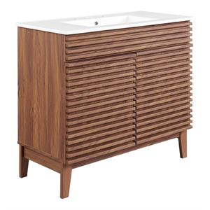 Pemberly Row 36&quot Modern Wood and Ceramic Bathroom Vanity in Walnut/White