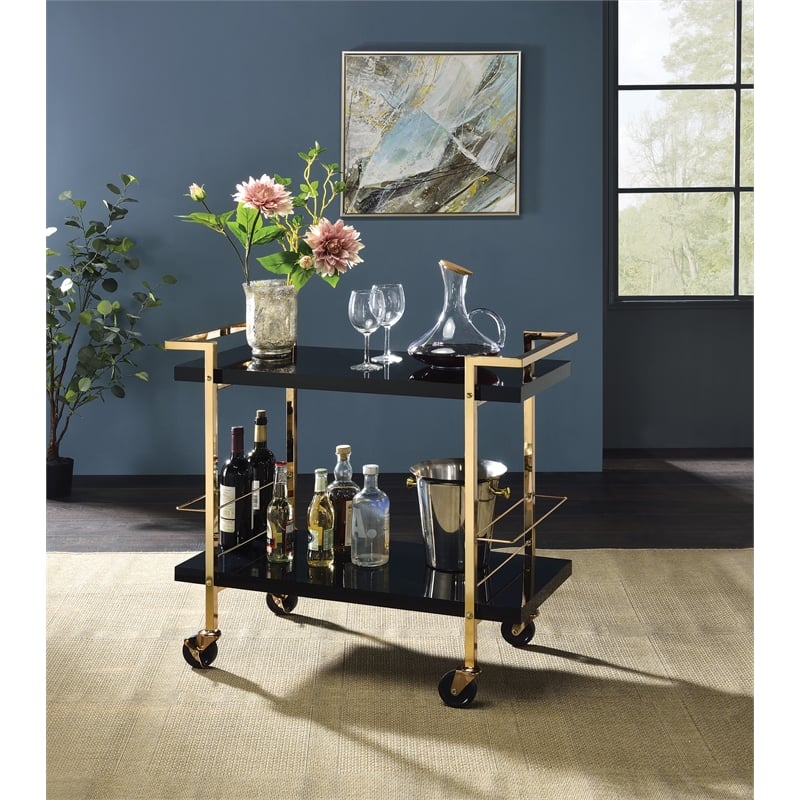 Pemberly Row Modern Serving Cart in Black Metal and Gold Frame