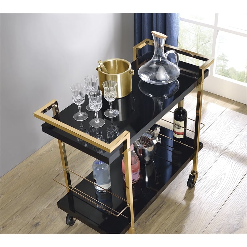 Pemberly Row Modern Serving Cart in Black Metal and Gold Frame