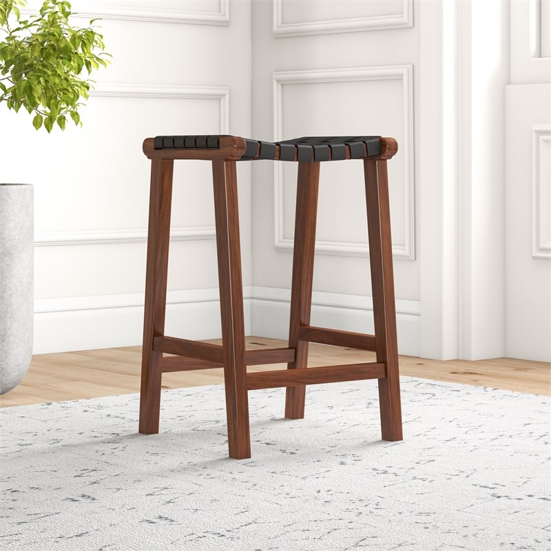 Pemberly Row Mid-Century Modern Saddle Genuine Leather Counter Stool in Black