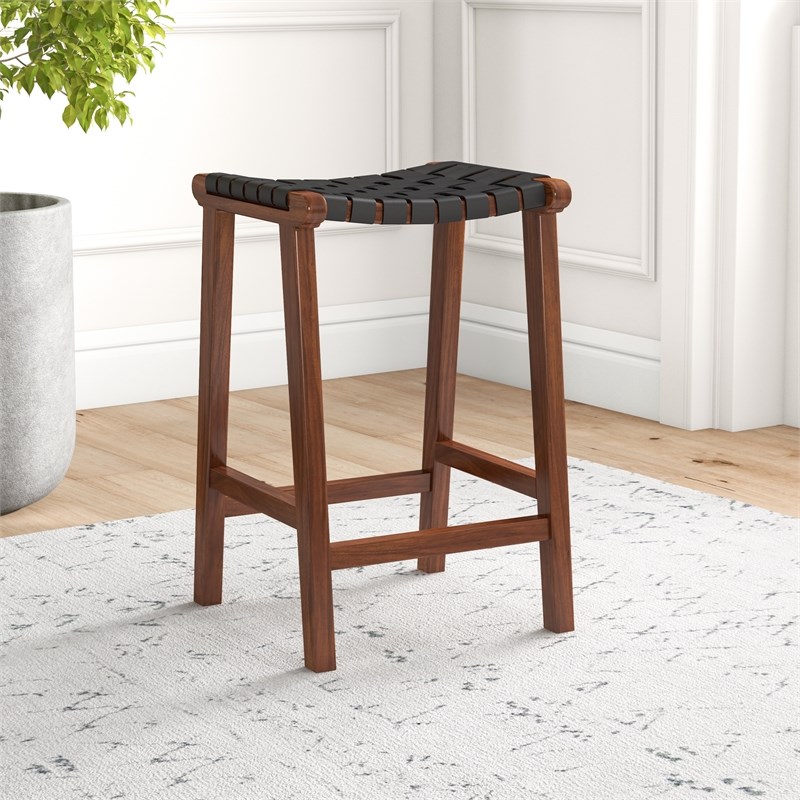 Pemberly Row Mid-Century Modern Saddle Genuine Leather Counter Stool in Black