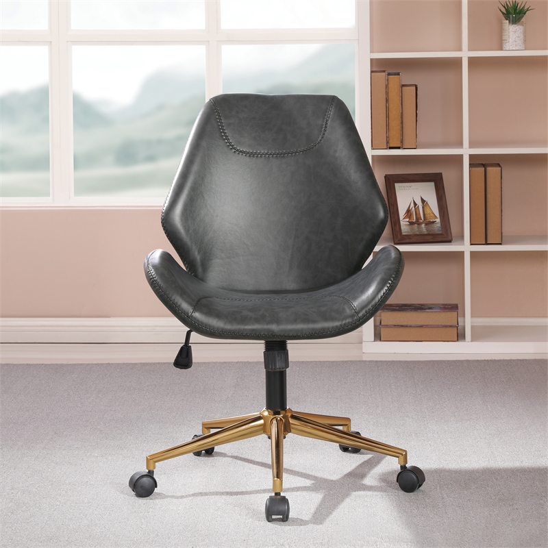 Pemberly Row Office Chair in Black Faux Leather with Gold Base