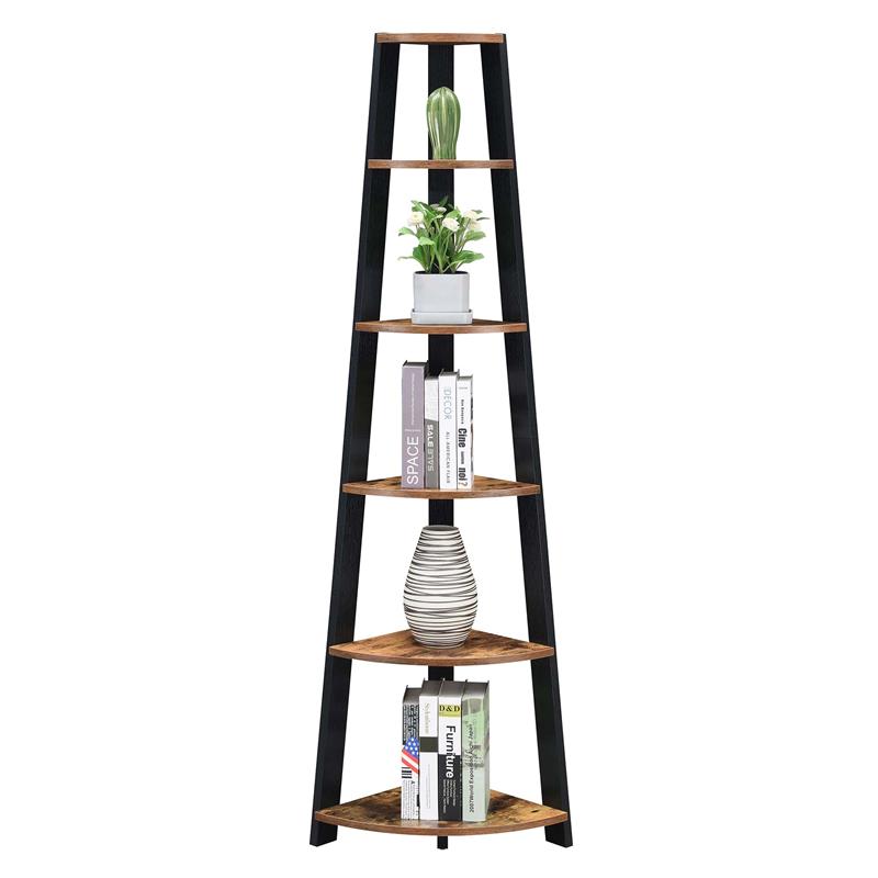 Pemberly Row Five-Tier Corner Bookshelf - Nutmeg Wood Finish w/ Black Wood Frame
