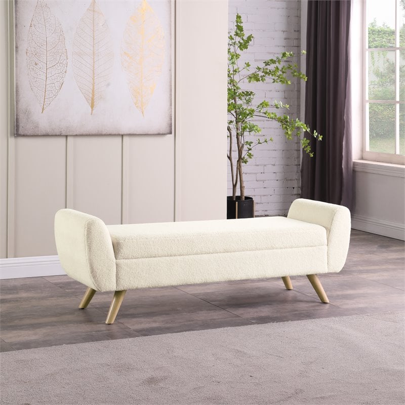 Pemberly Row Sherpa Modern Fabric Storage Bench with Wood Legs in Cream