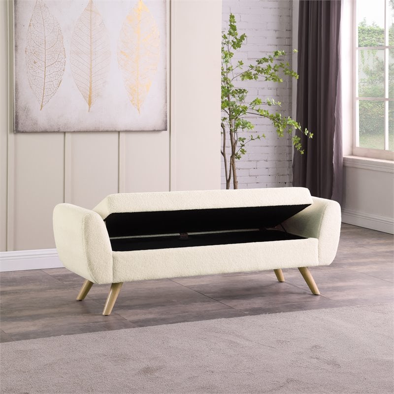 Pemberly Row Sherpa Modern Fabric Storage Bench with Wood Legs in Cream