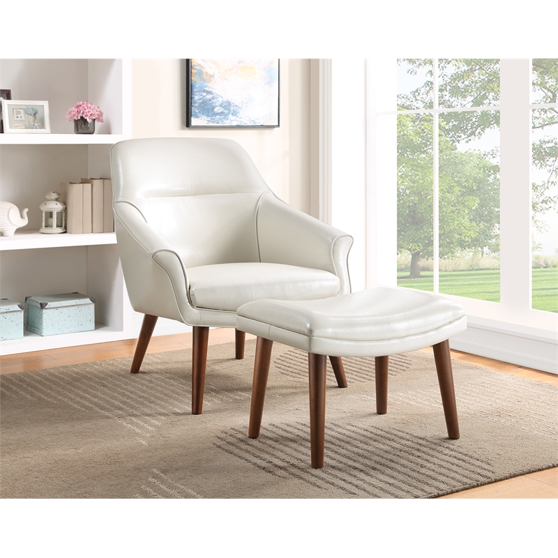 Pemberly Row Chair and Ottoman in Cream Faux Leather with Medium Espresso Legs