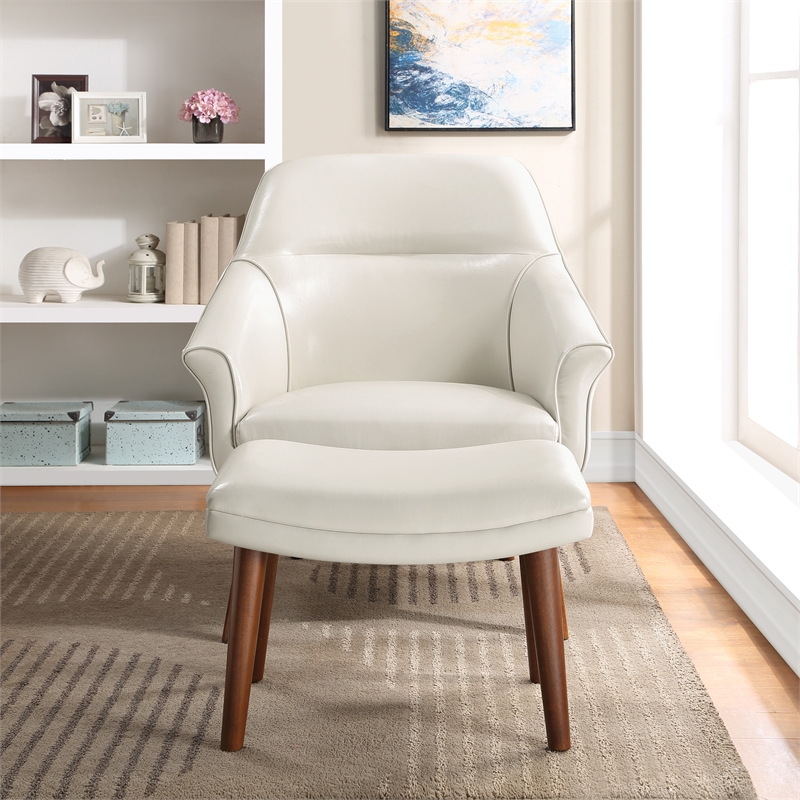 Pemberly Row Chair and Ottoman in Cream Faux Leather with Medium Espresso Legs
