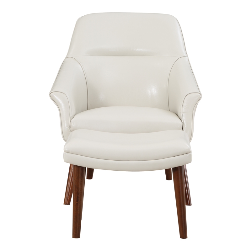 Pemberly Row Chair and Ottoman in Cream Faux Leather with Medium Espresso Legs