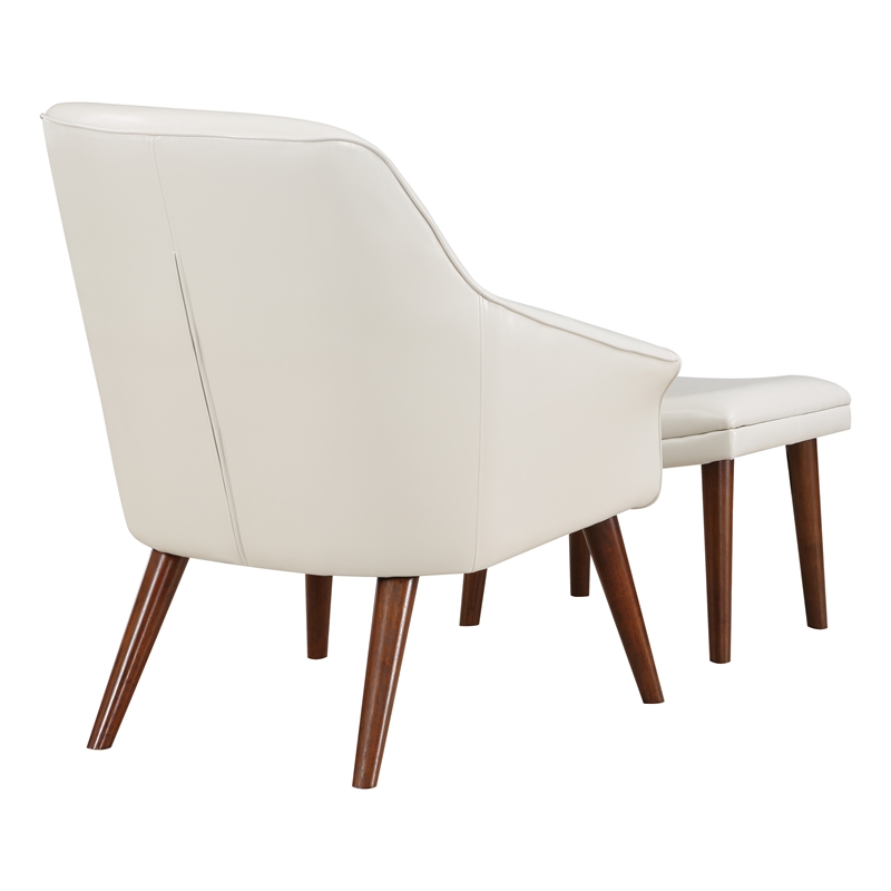 Pemberly Row Chair and Ottoman in Cream Faux Leather with Medium Espresso Legs