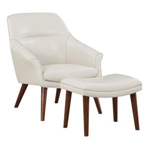 Pemberly Row Chair and Ottoman in Cream Faux Leather with Medium Espresso Legs