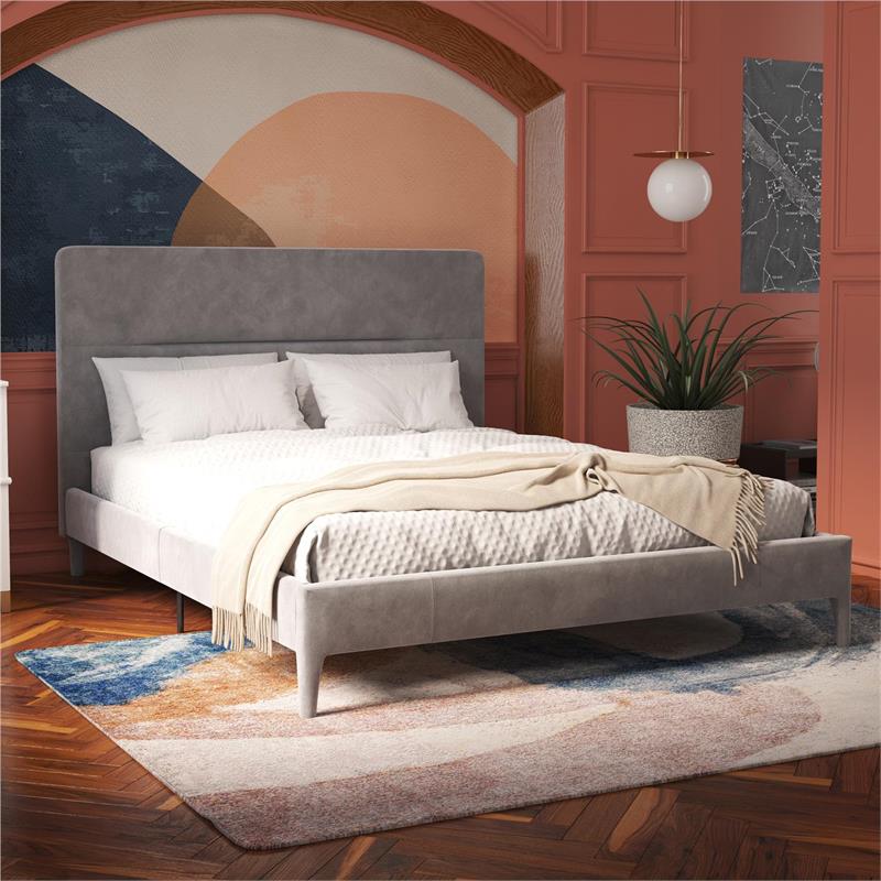 Pemberly Row Upholstered Platform Bed Queen in Light Gray Velvet