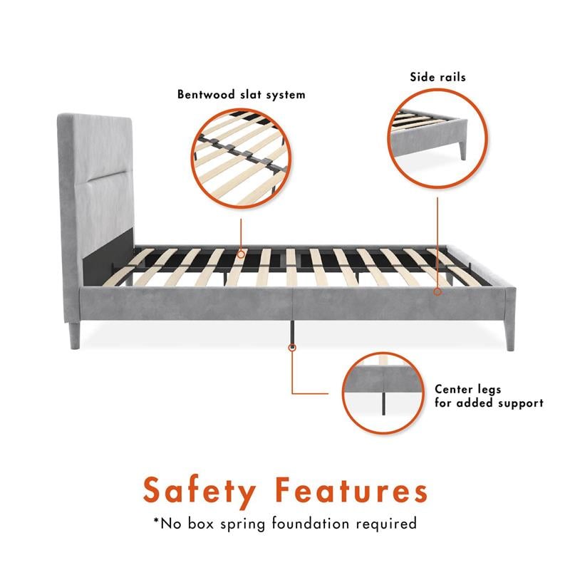 Pemberly Row Upholstered Platform Bed Queen in Light Gray Velvet