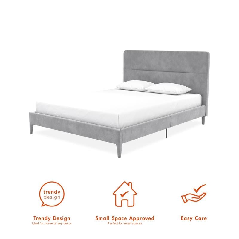 Pemberly Row Upholstered Platform Bed Queen in Light Gray Velvet