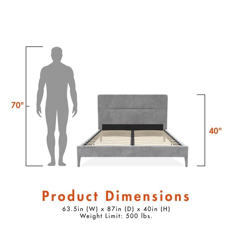 Pemberly Row Upholstered Platform Bed Queen in Light Gray Velvet